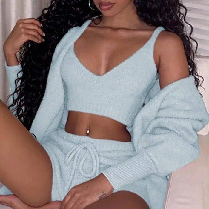 3 Piece Lounge Set – Crop Top, Shorts & Cardigan | Cozy Casual Outfit