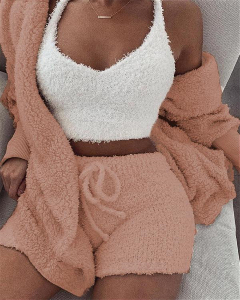 3 Piece Lounge Set – Crop Top, Shorts & Cardigan | Cozy Casual Outfit