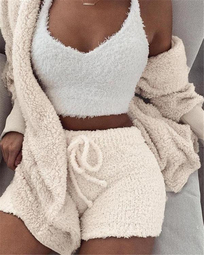 3 Piece Lounge Set – Crop Top, Shorts & Cardigan | Cozy Casual Outfit