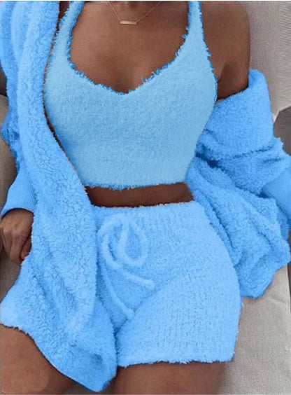 3 Piece Lounge Set – Crop Top, Shorts & Cardigan | Cozy Casual Outfit