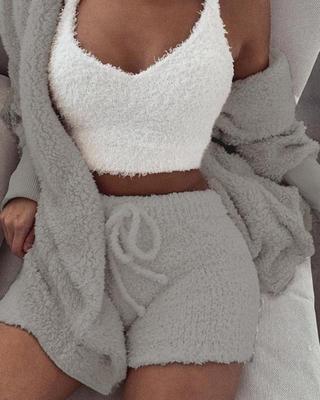 3 Piece Lounge Set – Crop Top, Shorts & Cardigan | Cozy Casual Outfit