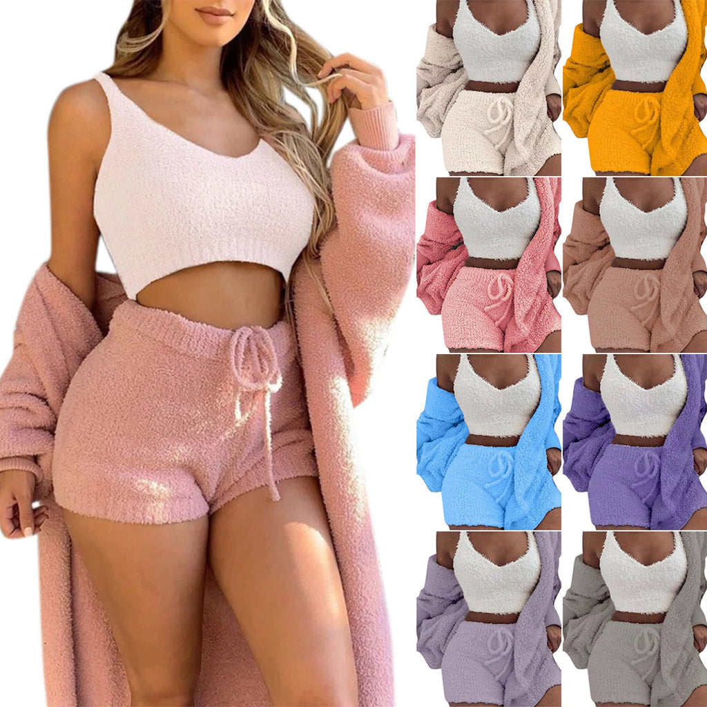 3 Piece Lounge Set – Crop Top, Shorts & Cardigan | Cozy Casual Outfit